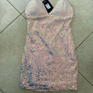 Fashion Nova Gold and Pink Sequin Bodycon Mini Dress